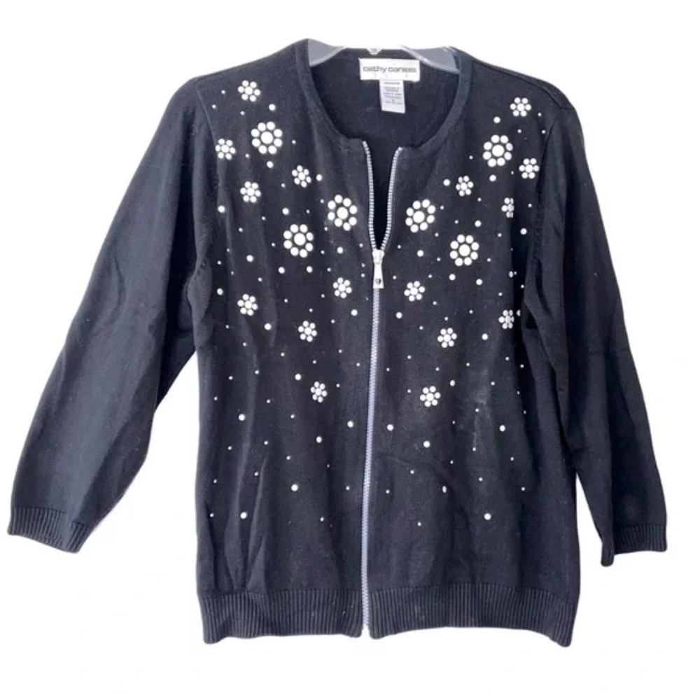 Cathy Daniels | Black Studded Floral Zip Front Cotton Cardigan Sweater, Small